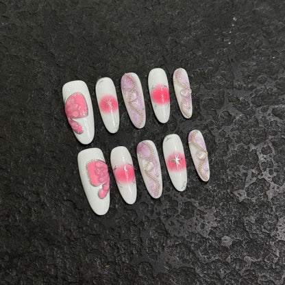 Handmade white pink nails gel elegant almond fake nail