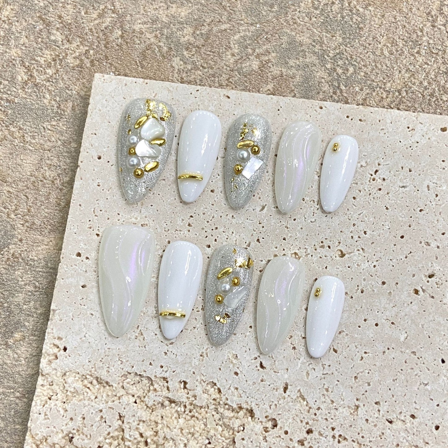 White simple silver cat eye all-match nail art fake nails