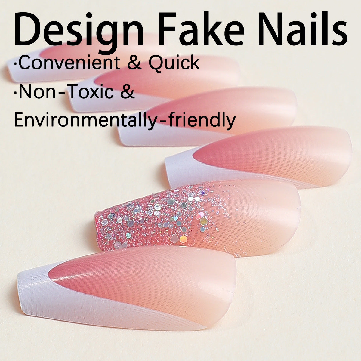 White trim French design long nice coffin wedding women press on nail with glitter powder