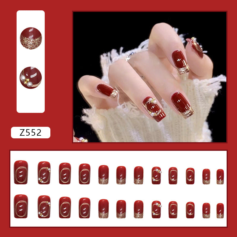 Gold French design wine red bling press on nail with pearl