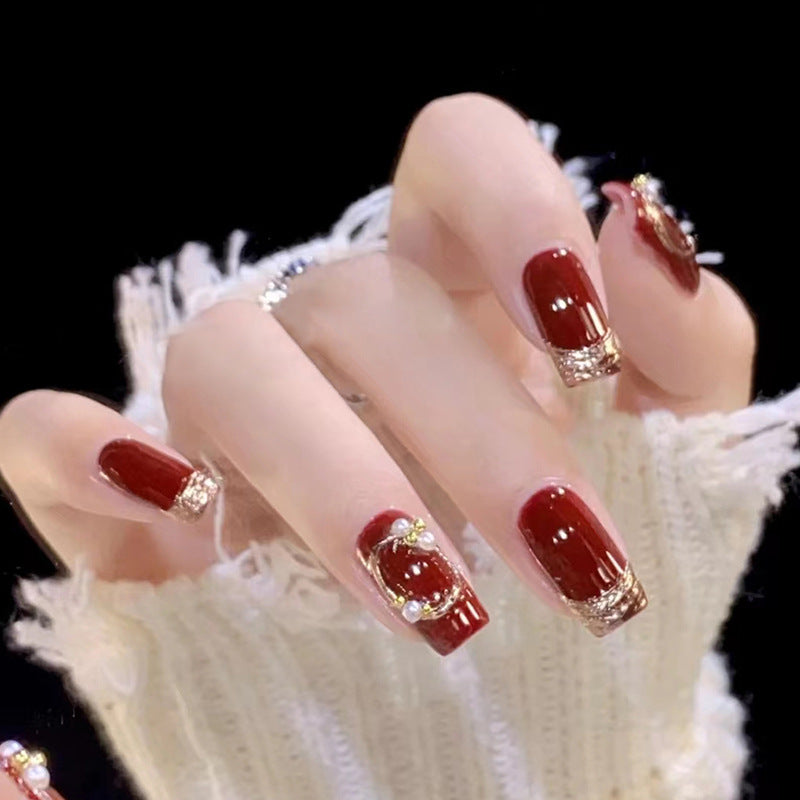 Gold French design wine red bling press on nail with pearl