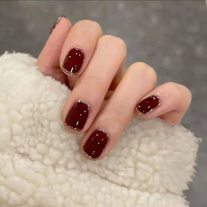 high quality women short wine red press on nail with split diamond