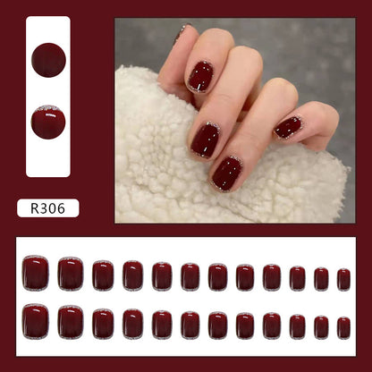 high quality women short wine red press on nail with split diamond