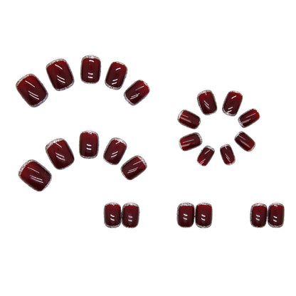 high quality women short wine red press on nail with split diamond