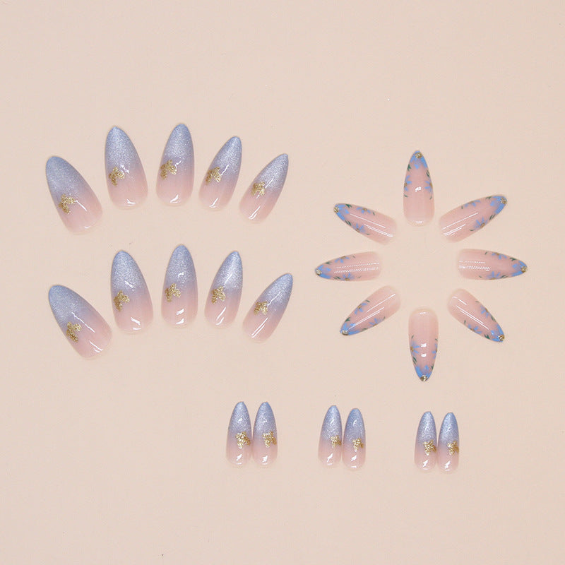 Almond shape medium long nail bling blue wing deisgn press on nail