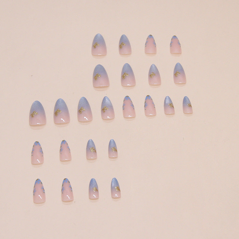 Almond shape medium long nail bling blue wing deisgn press on nail