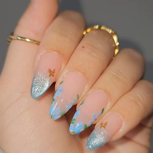 Almond shape medium long nail bling blue wing deisgn press on nail