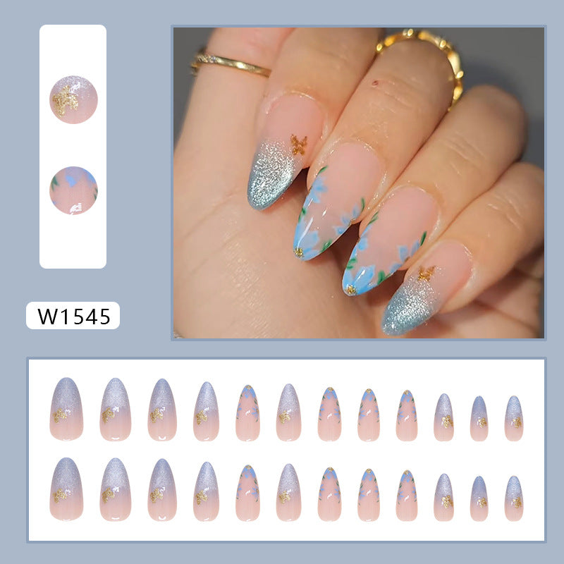 Almond shape medium long nail bling blue wing deisgn press on nail