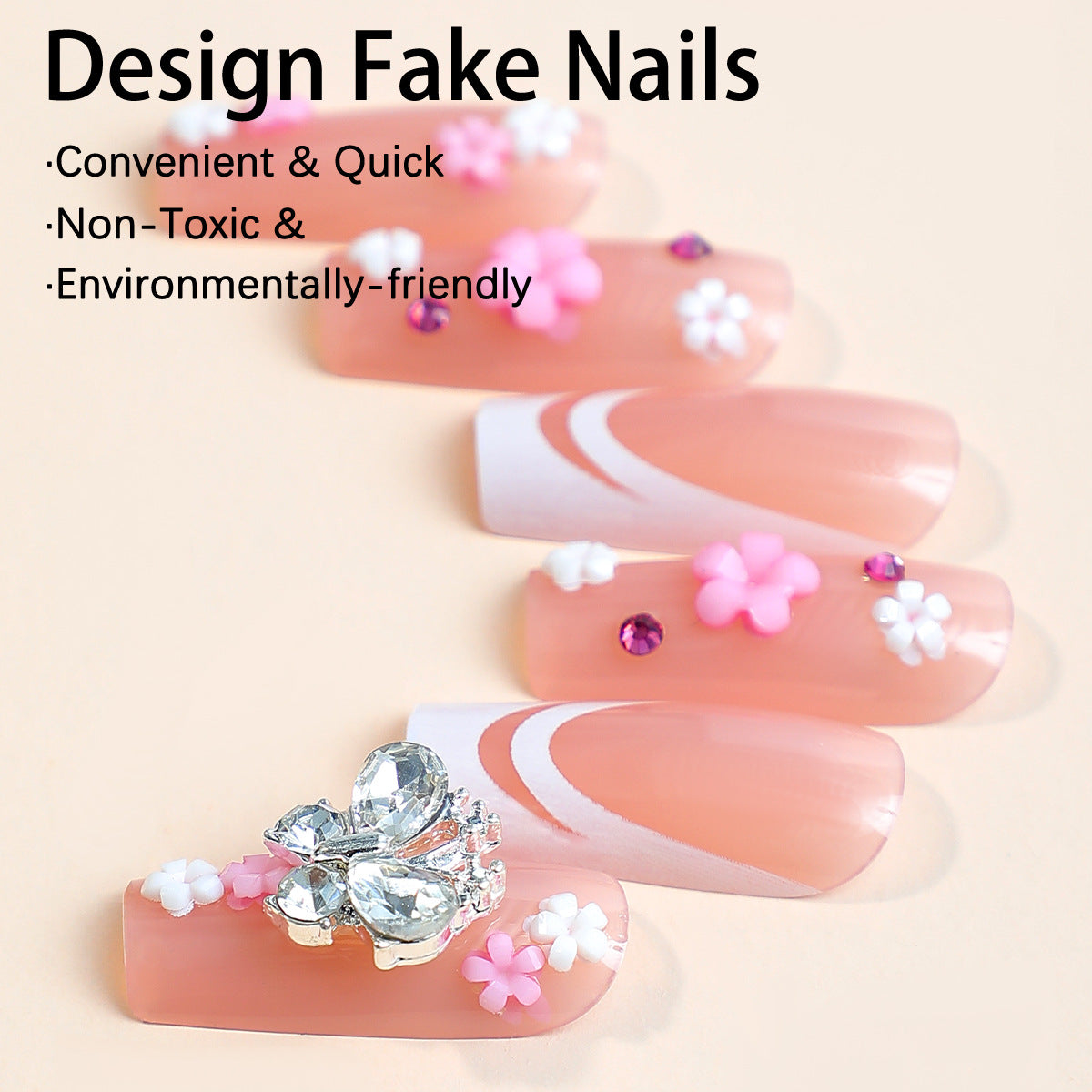 French white design buttlefly diamond fake nail long design women press on nail