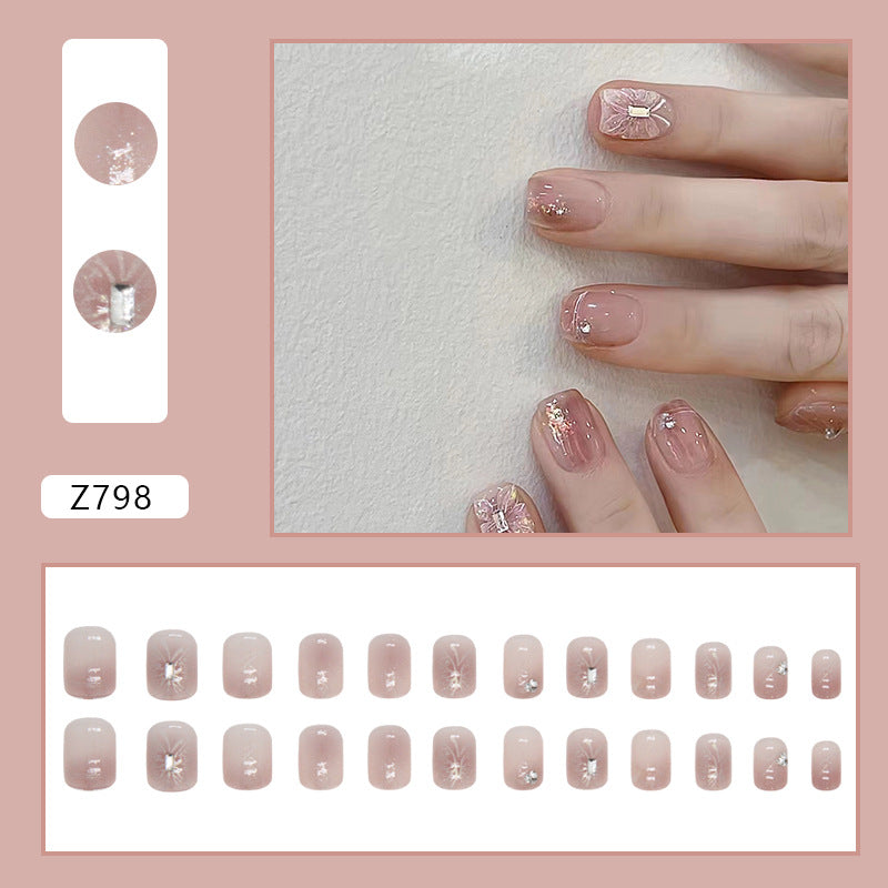 Sweet nude pink short square women cheek press on nail with buttlefly