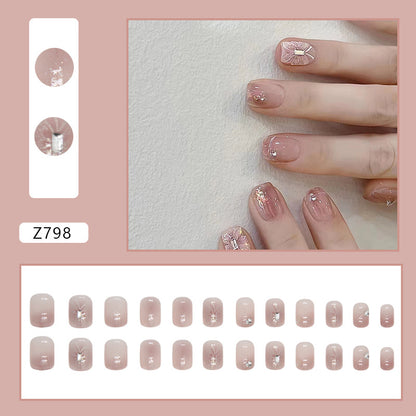 Sweet nude pink short square women cheek press on nail with buttlefly