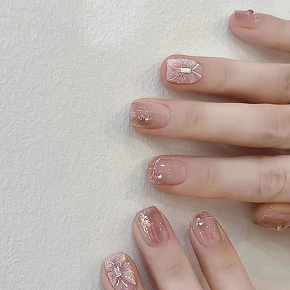 Sweet nude pink short square women cheek press on nail with buttlefly