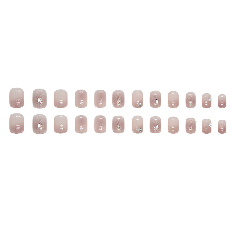 Sweet nude pink short square women cheek press on nail with buttlefly