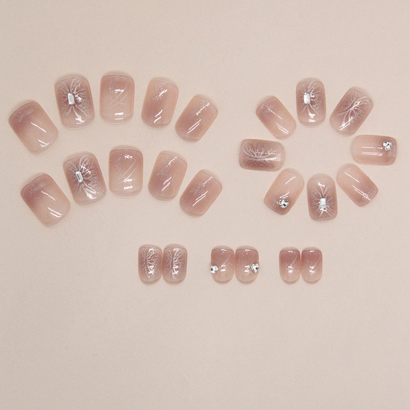 Sweet nude pink short square women cheek press on nail with buttlefly