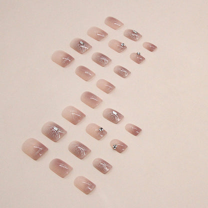 Sweet nude pink short square women cheek press on nail with buttlefly