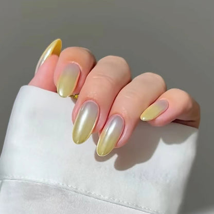 Almond medium long nail pale yellow gradient press on nail with gel