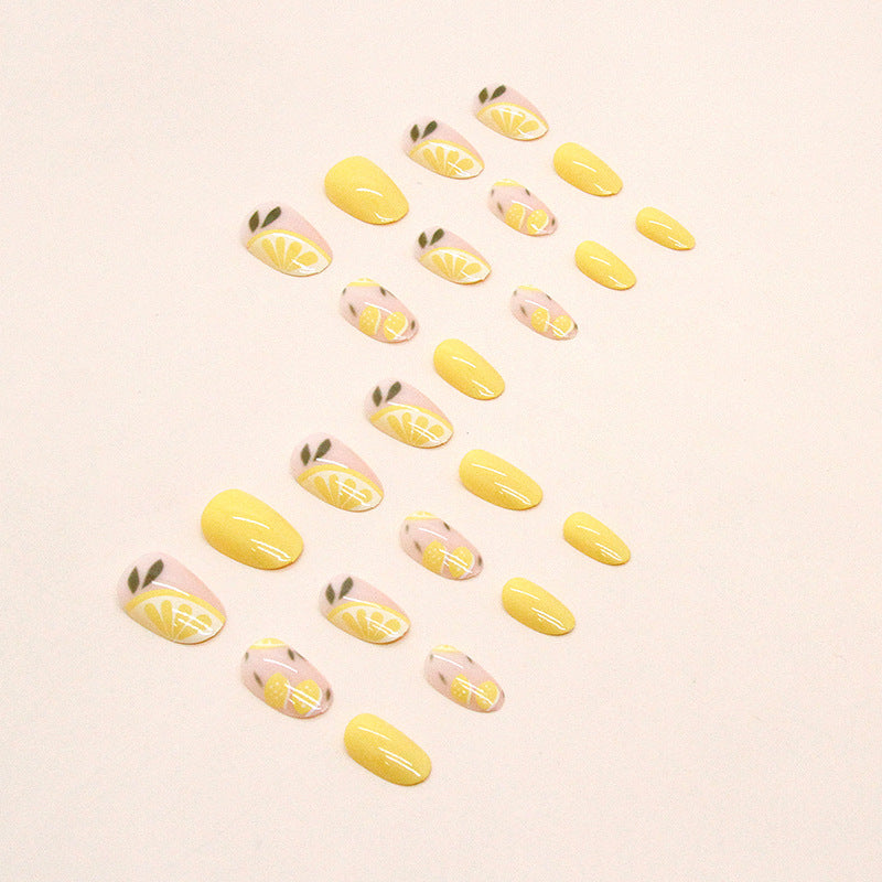 Summer colorful yellow short oval active press on nail with lemon and leaf