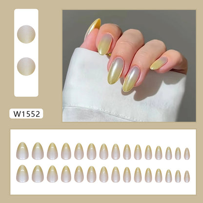 Almond medium long nail pale yellow gradient press on nail with gel