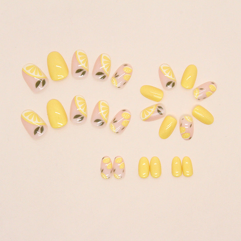 Summer colorful yellow short oval active press on nail with lemon and leaf