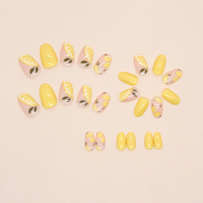 Summer colorful yellow short oval active press on nail with lemon and leaf