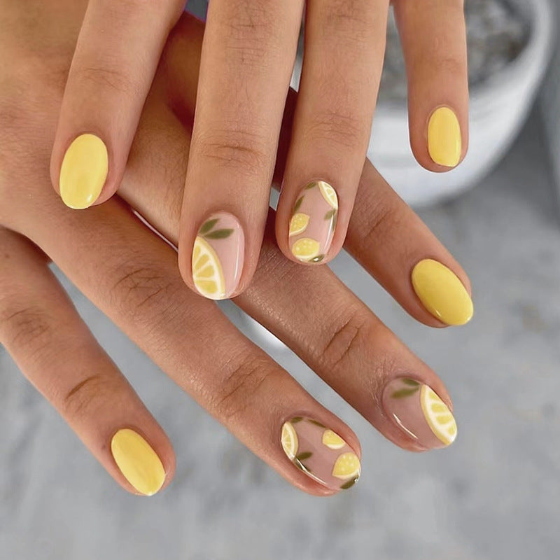 Summer colorful yellow short oval active press on nail with lemon and leaf