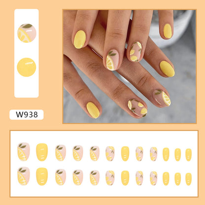 Summer colorful yellow short oval active press on nail with lemon and leaf